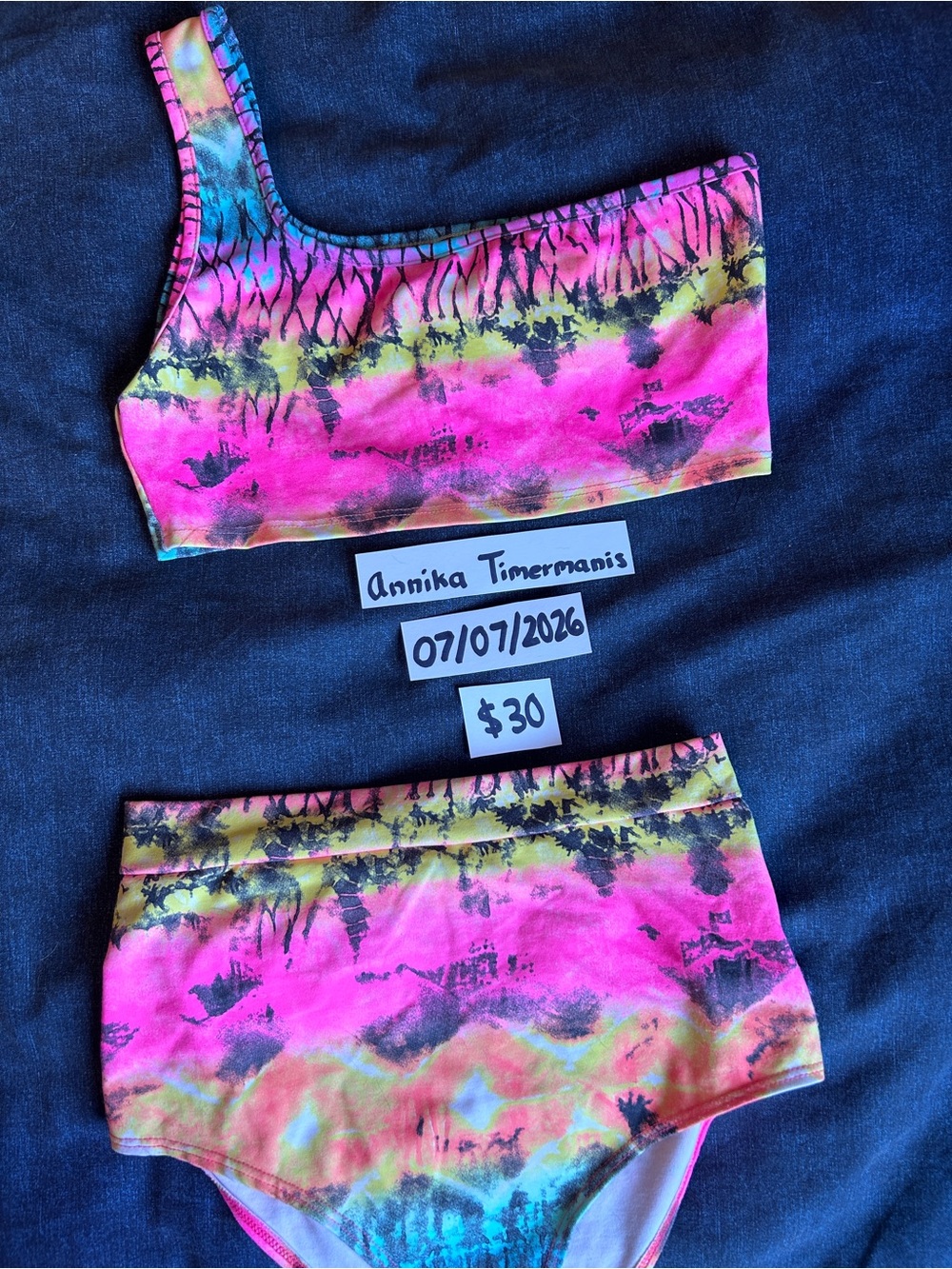 iHeartRaves Neon Tie-Dye One-Shoulder Bikini Set - Pink, Yellow, Blue